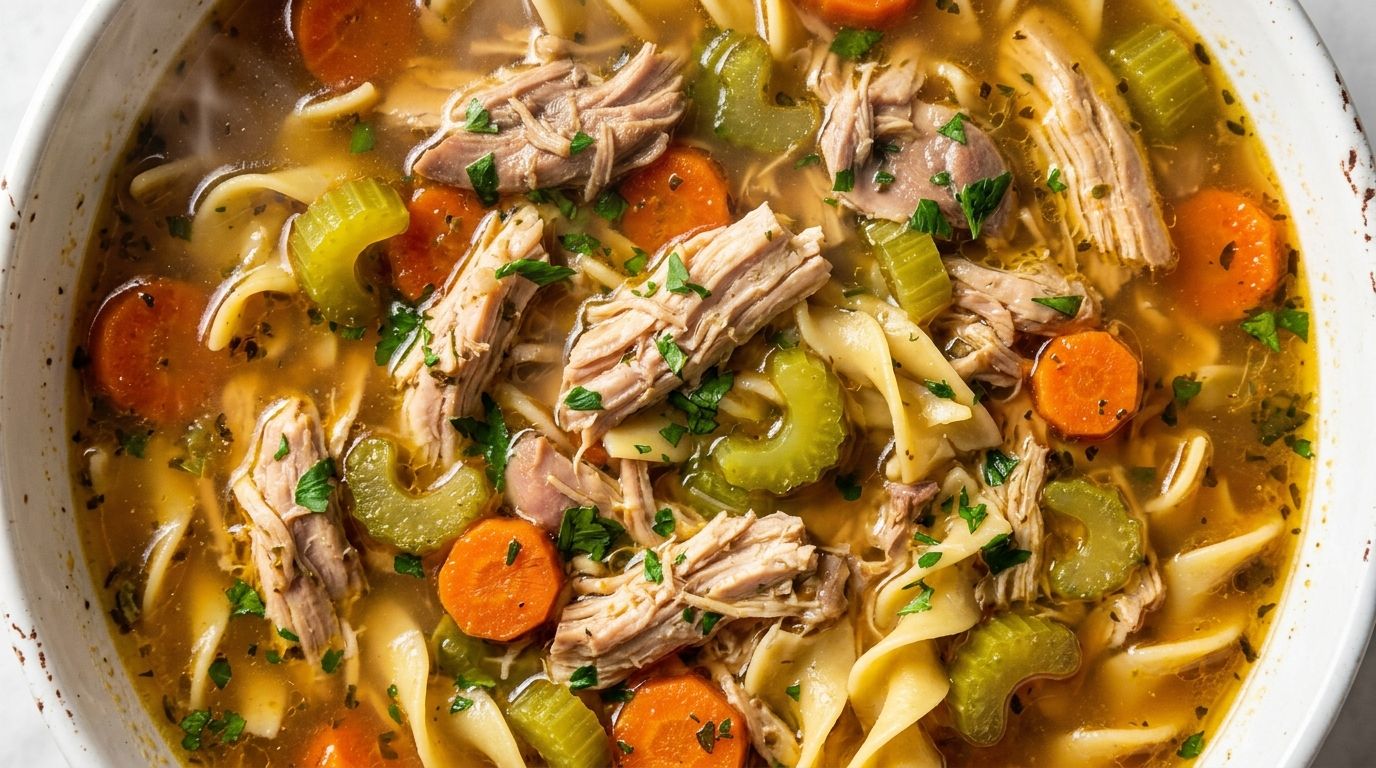 Chicken thigh soup with egg noodles, carrots, and celery in a white ceramic bowl with golden broth.