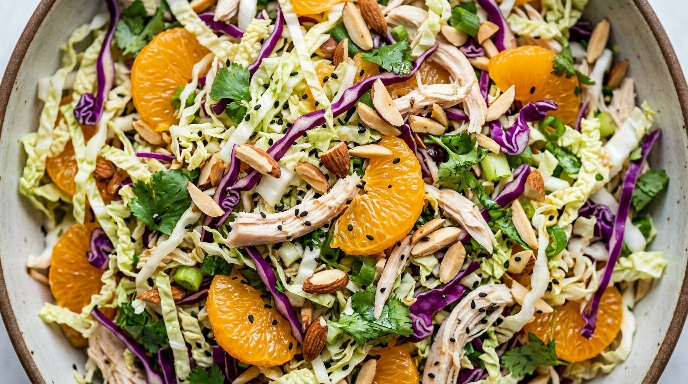 Chinese chicken salad with napa cabbage, mandarin oranges, shredded chicken, and sliced almonds in a large bowl