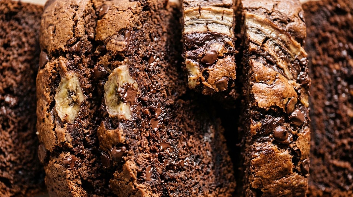 Sliced chocolate banana bread on a cooling rack with visible melted chocolate chip pockets in the dark fudgy crumb.