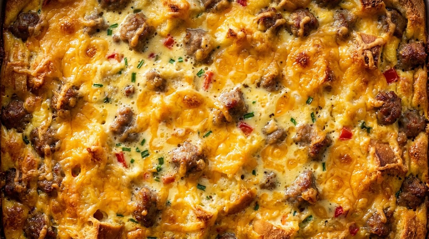 Christmas breakfast casserole in a baking dish with golden bubbling cheddar cheese and browned sausage on top.