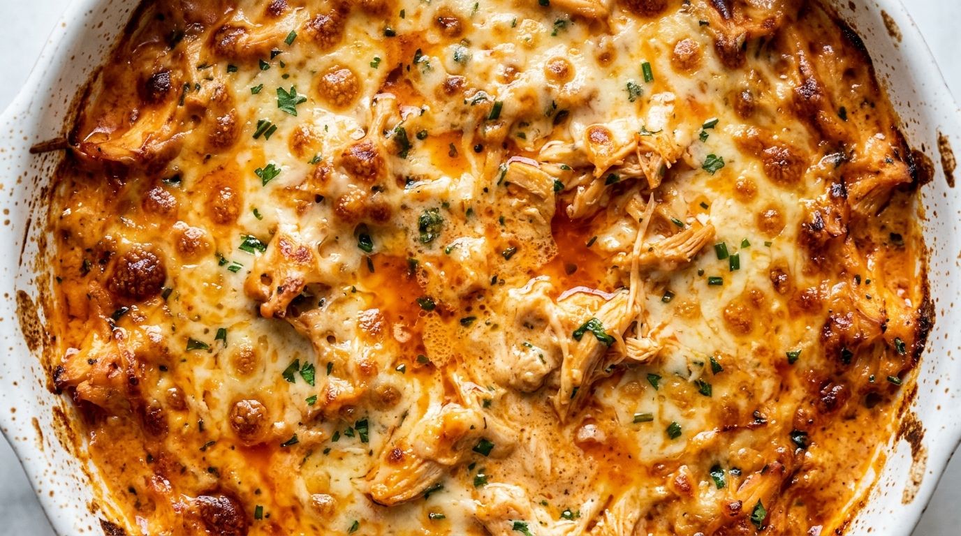 Cottage cheese buffalo chicken dip in a white baking dish with golden bubbling mozzarella and orange buffalo sauce on top.