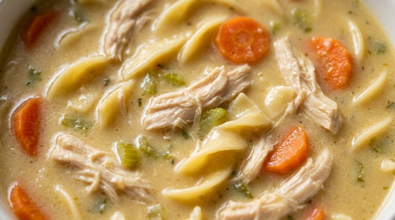 Bowl of creamy chicken noodle soup with shredded chicken, egg noodles, carrots, celery, and fresh parsley in pale golden broth.