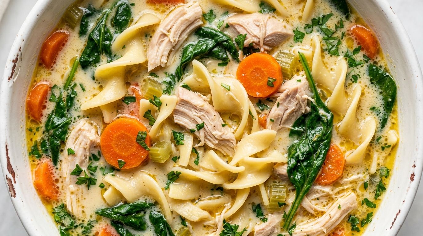 Overhead view of creamy chicken noodle soup with egg noodles, carrots, and spinach in a white ceramic bowl.