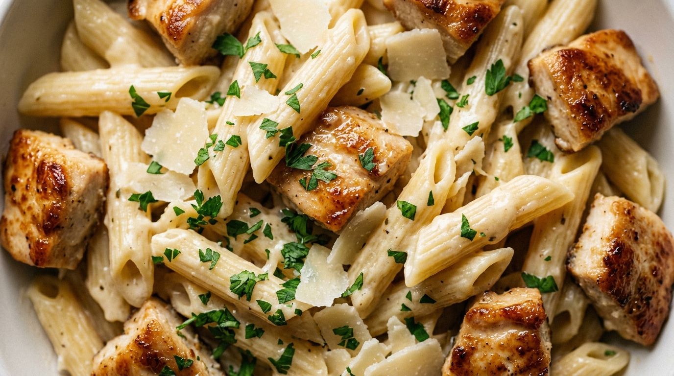 Creamy chicken pasta with penne and golden seared chicken in a garlic parmesan cream sauce with fresh parsley.