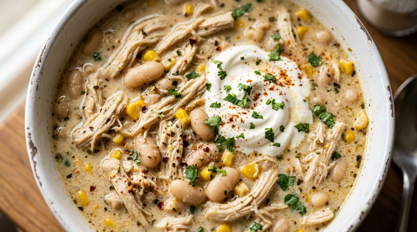 Creamy white chicken chili in a white bowl topped with sour cream, shredded cheese, jalapeño slices, and fresh cilantro.
