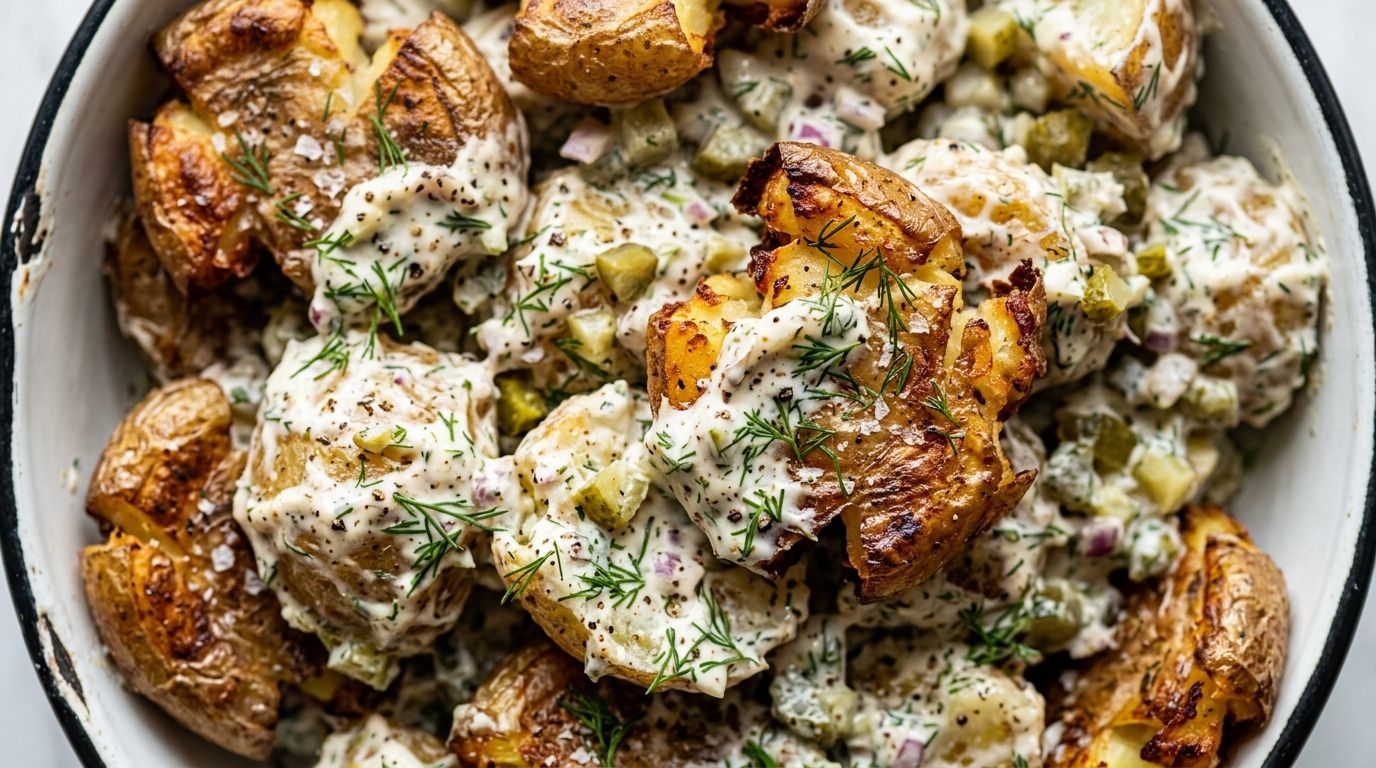 Crispy smashed baby gold potatoes coated in Greek yogurt dill dressing with pickles in a white ceramic bowl.