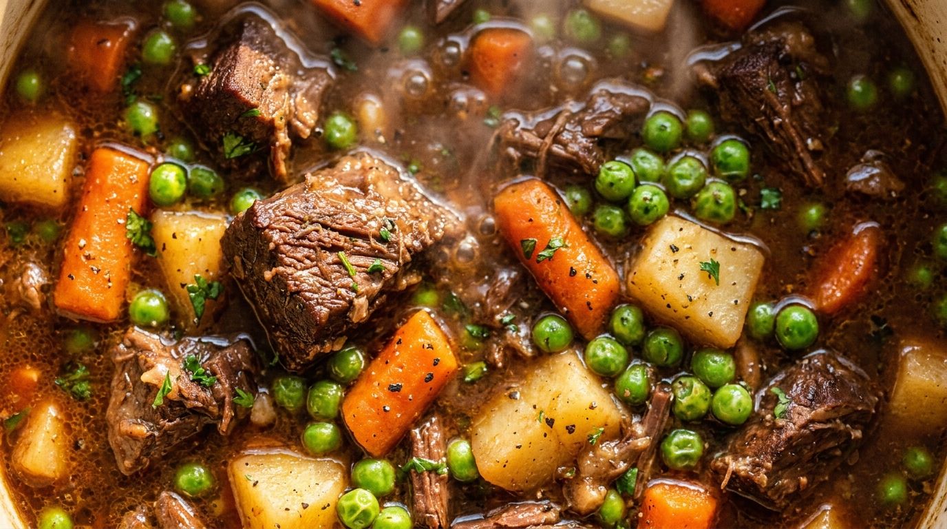 Crockpot beef stew with tender chuck roast, potatoes, carrots, and green peas in a rich dark broth in a white bowl.