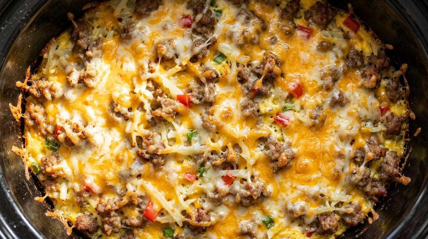 Crockpot breakfast casserole in a slow cooker insert with golden cheese top, hash browns, and sausage
