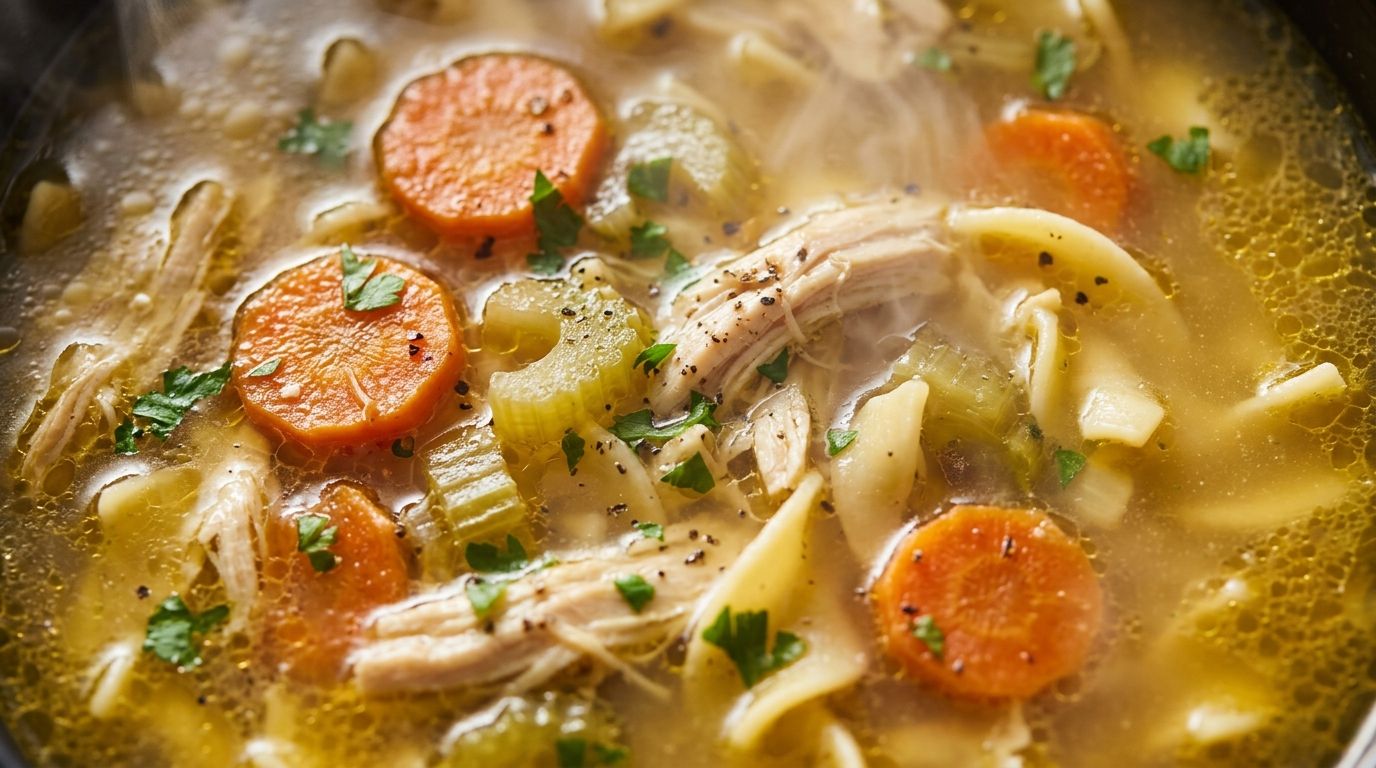 Crockpot chicken noodle soup with shredded chicken, egg noodles, carrots, and celery in a golden broth.