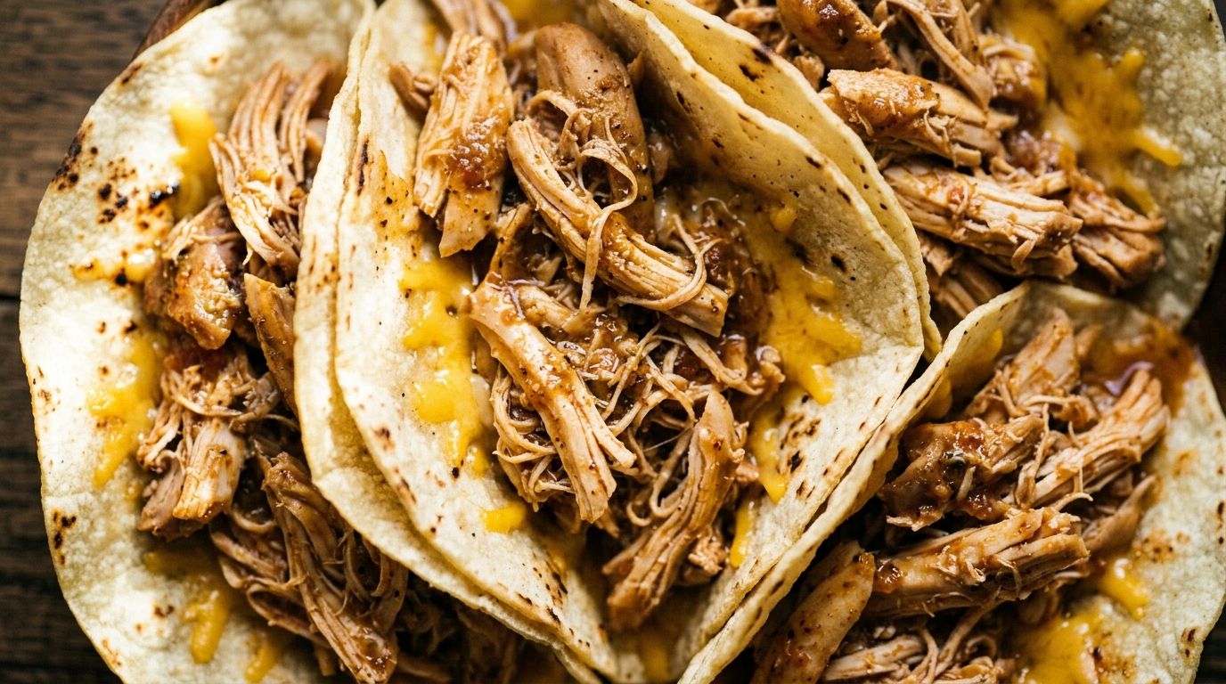 Shredded crockpot chicken thigh tacos on corn tortillas with cheddar, sour cream, and lettuce on a dark oak surface.