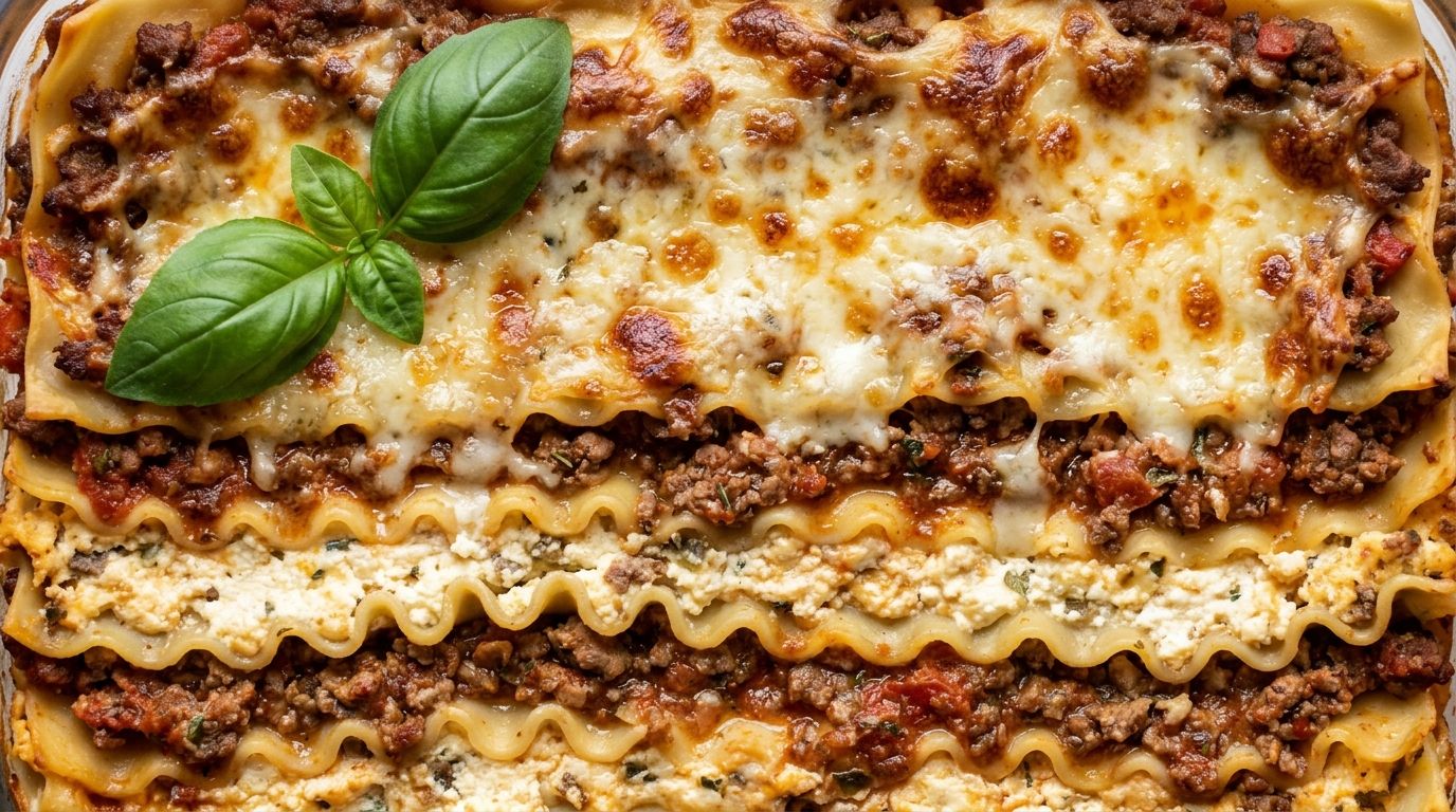 Crockpot lasagna slice showing layers of ground beef, ricotta, and melted mozzarella with fresh basil on top.