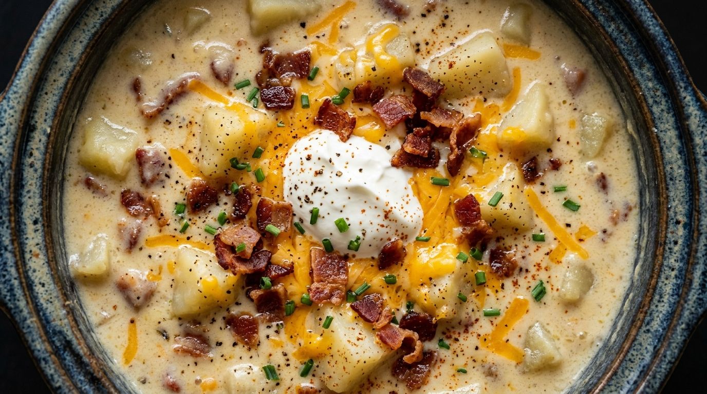 Crockpot potato soup in a white bowl topped with shredded cheddar, crumbled bacon, and sour cream.