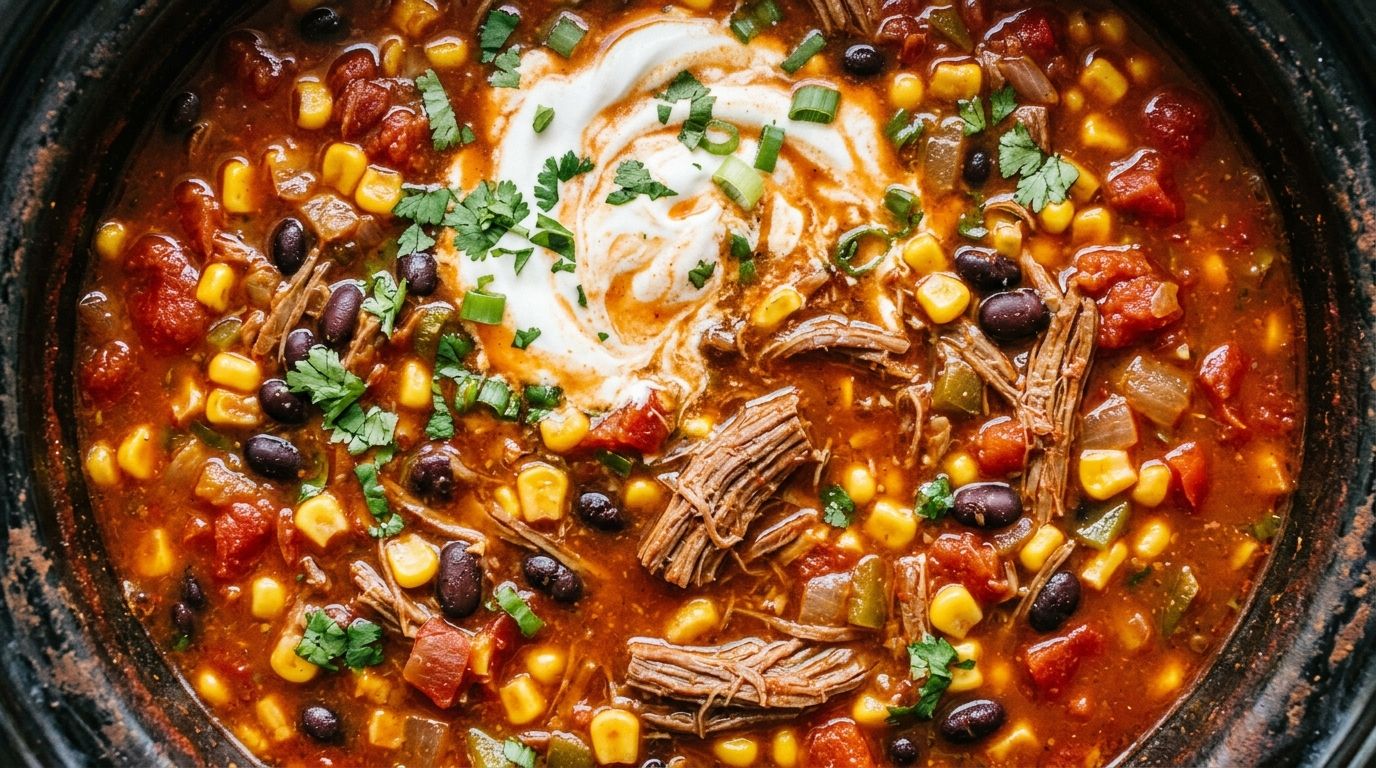 Crockpot taco soup in a ceramic bowl with shredded beef, black beans, corn, and a sour cream swirl on a dark oak surface.