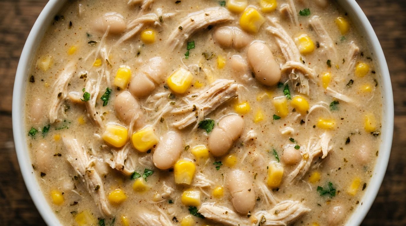 Crockpot white chicken chili in a chipped matte white ceramic bowl with shredded chicken, white beans, corn, and cream cheese broth.
