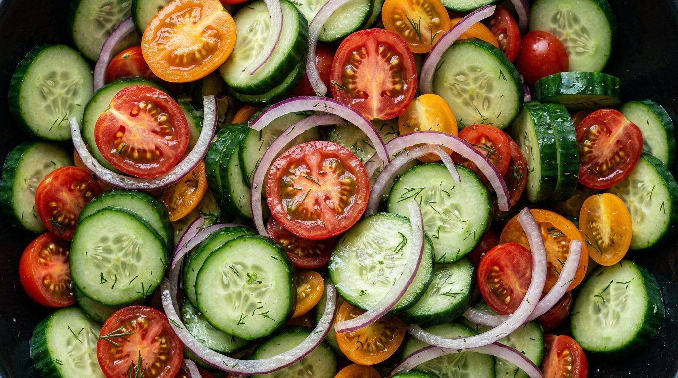 Sliced cucumber, halved cherry tomatoes, and red onion rings tossed in vinegar dressing with fresh dill in a wide bowl.