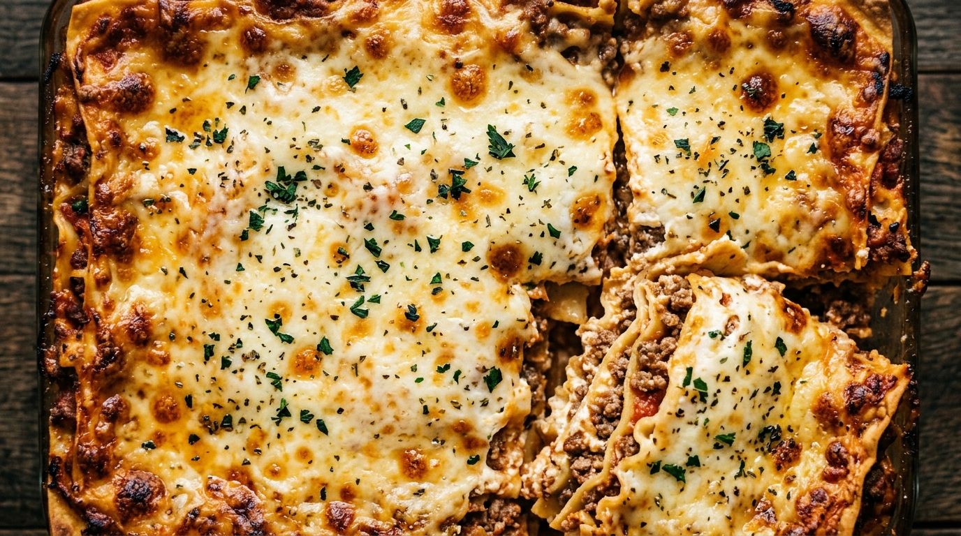 Golden cheesy lasagna with visible meat sauce layers in a white baking dish on a dark oak surface.