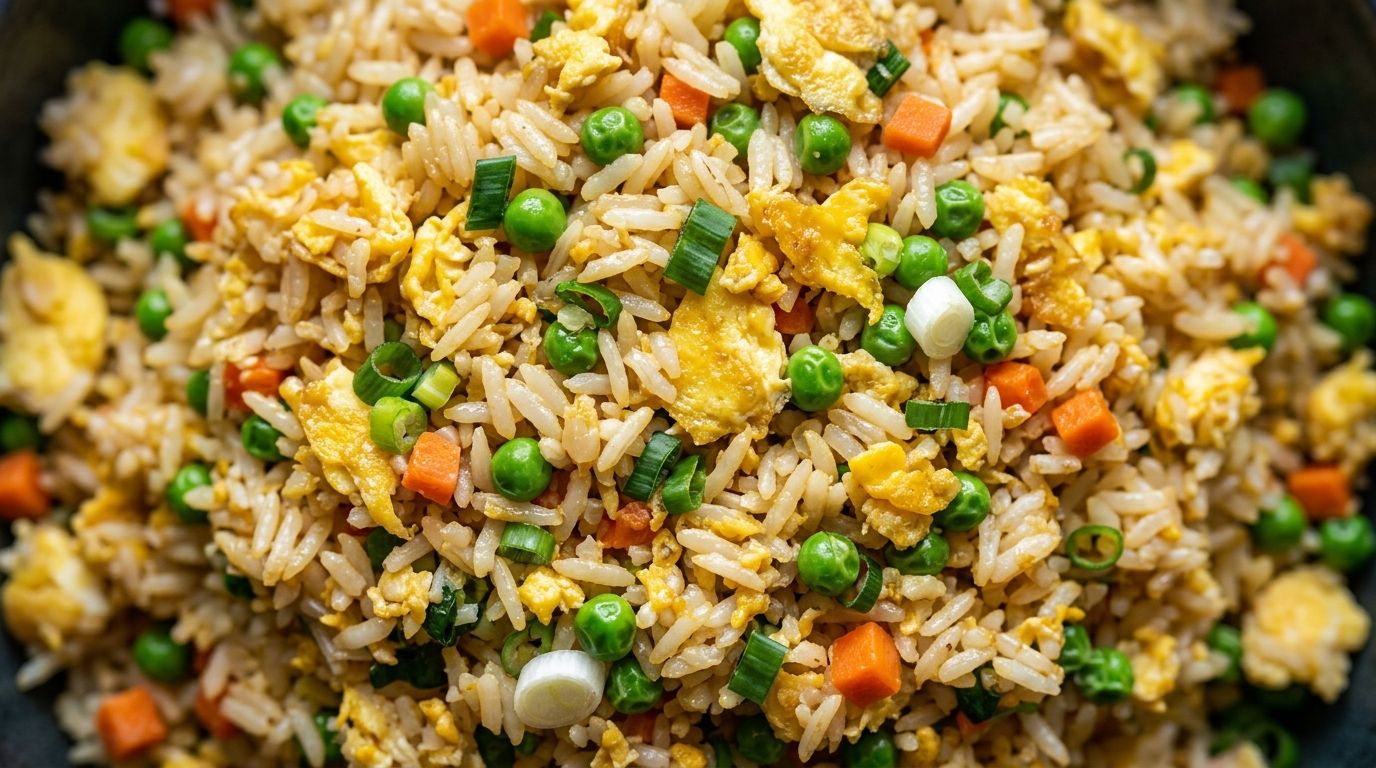 Overhead view of egg fried rice with scrambled eggs, green peas, carrot pieces, and sliced green onions.