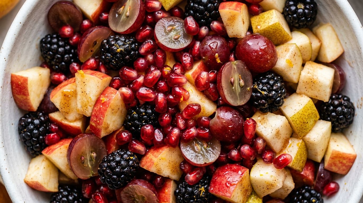Fall fruit salad with apples, pears, grapes, blackberries, and pomegranate seeds in a white ceramic bowl.