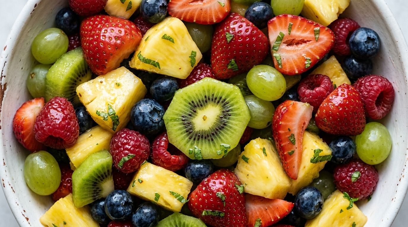 A bowl of fresh fruit salad with strawberries, blueberries, kiwi slices, pineapple chunks, and grapes in honey lime dressing.