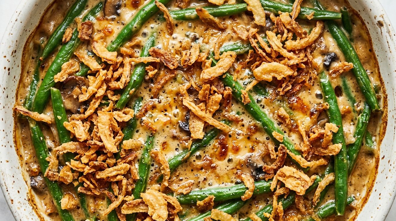 Fresh green bean casserole with crispy fried onions and creamy mushroom sauce in a white baking dish.