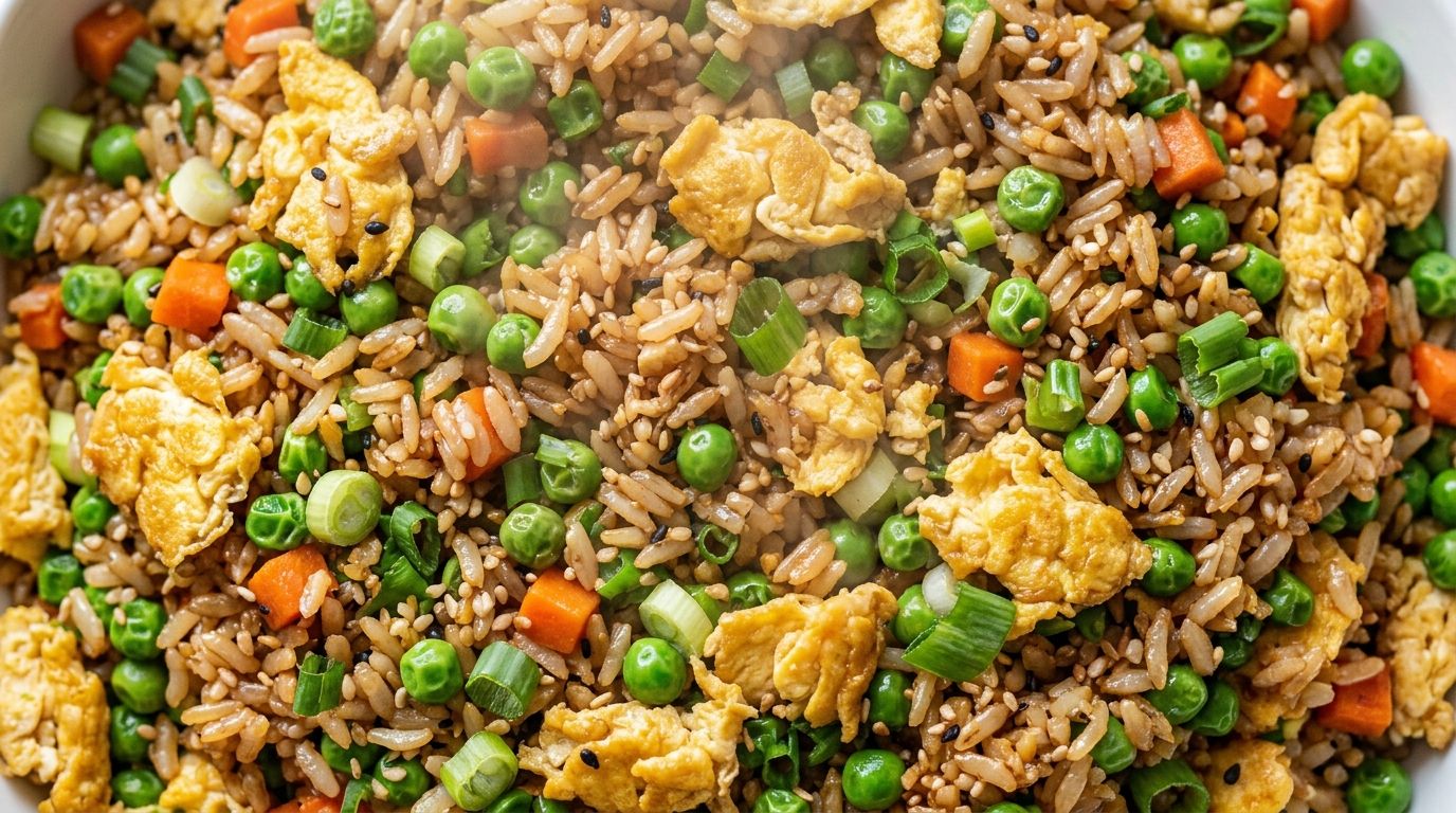 Fried rice with scrambled eggs, peas, carrots, and green onions in a wok on dark oak