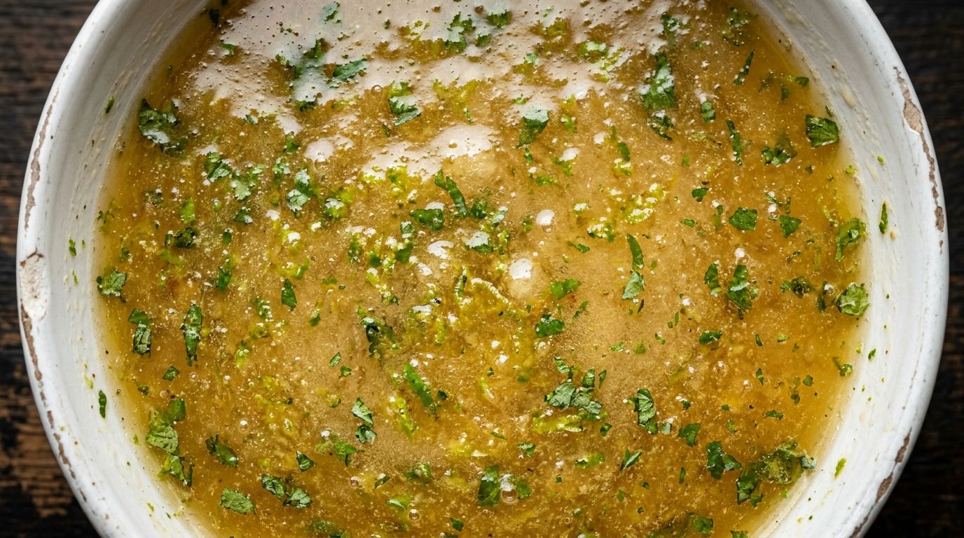 Small chipped white ceramic bowl of golden honey lime fruit salad dressing with mint flecks on a dark oak surface.