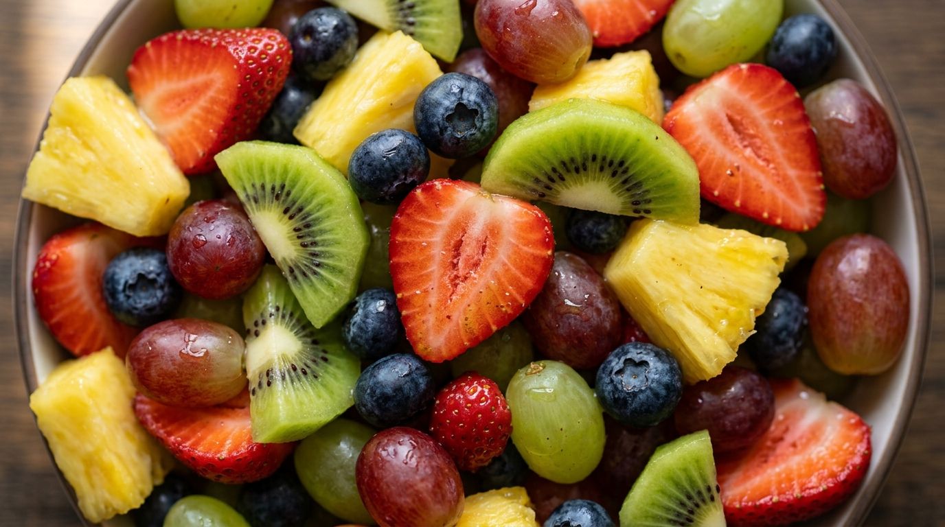 Overhead close-up of fresh fruit salad with strawberries, blueberries, kiwi, pineapple, and grapes in a honey-lime dressing.