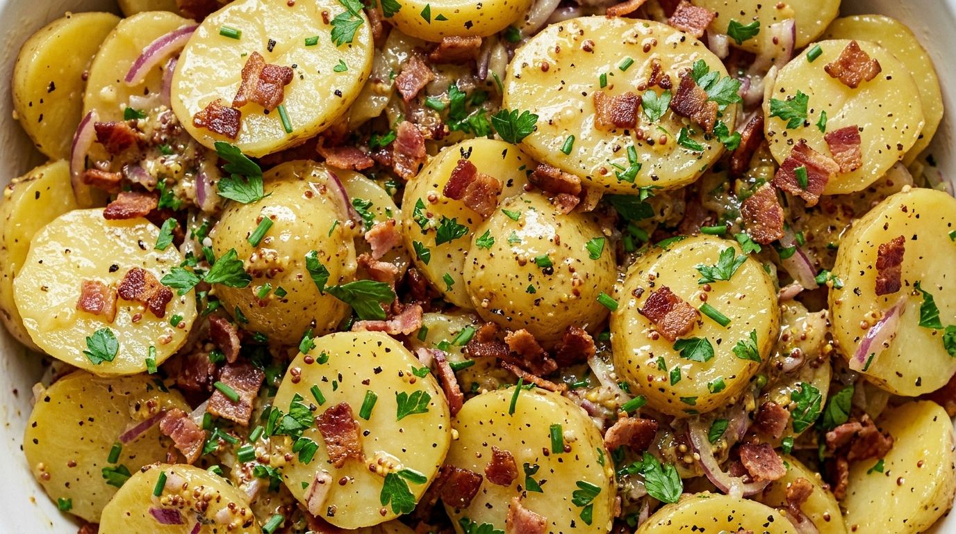 German potato salad with sliced potatoes, bacon crumbles, and parsley in a vinegar dressing.