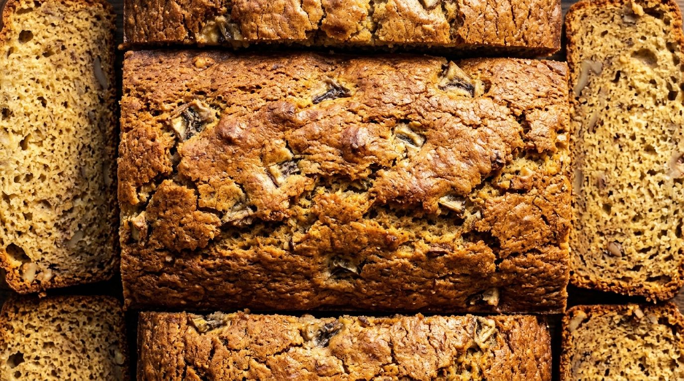 Gluten free banana bread sliced on a wooden cutting board showing moist golden crumb
