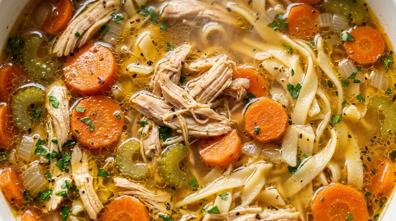 A bowl of gluten free chicken noodle soup with shredded chicken, carrots, celery, and noodles in golden broth.