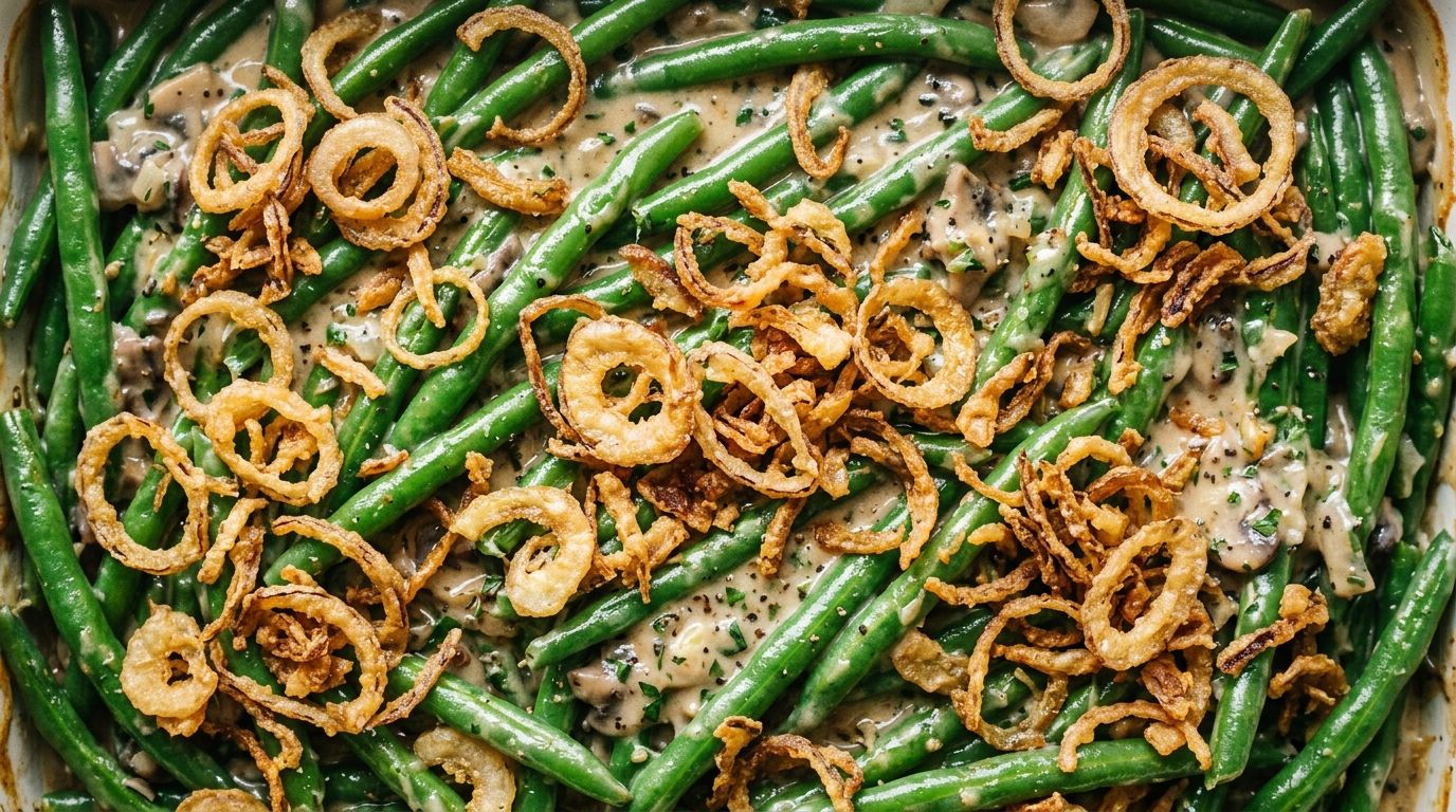 Gluten free green bean casserole with crispy golden shallots over green beans in a creamy mushroom sauce in a white baking dish.