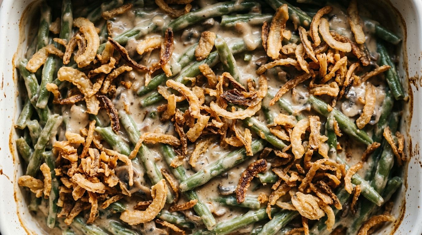 Overhead view of crockpot green bean casserole with crispy French fried onions and creamy mushroom sauce.