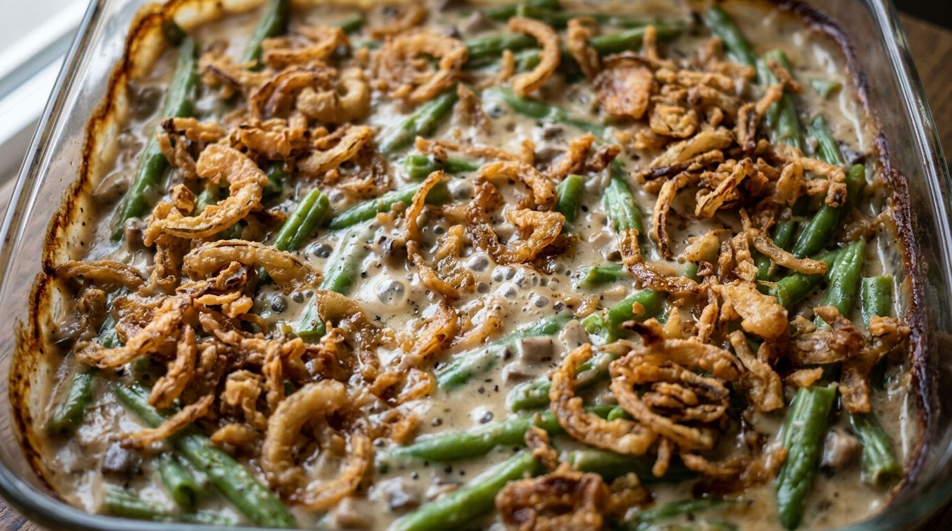 Green bean casserole in a baking dish with crispy fried onions on top and creamy mushroom sauce visible at the edges.