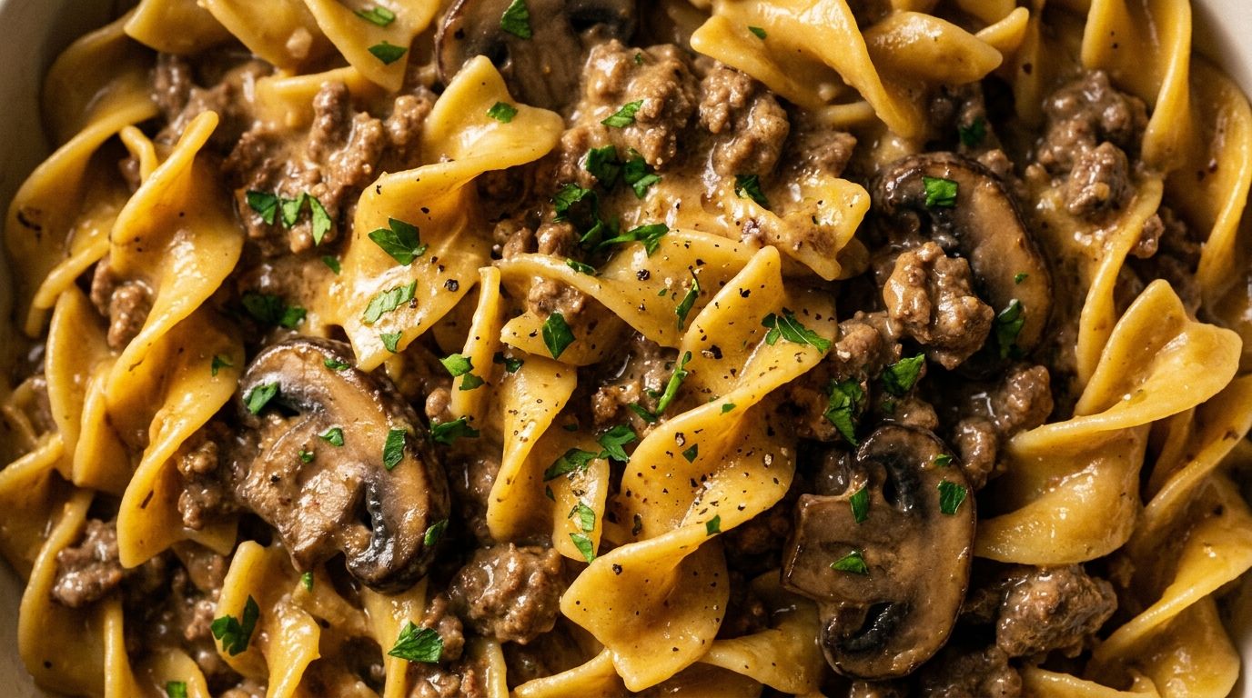 Ground beef stroganoff with mushrooms in a creamy sauce served over egg noodles in a skillet.