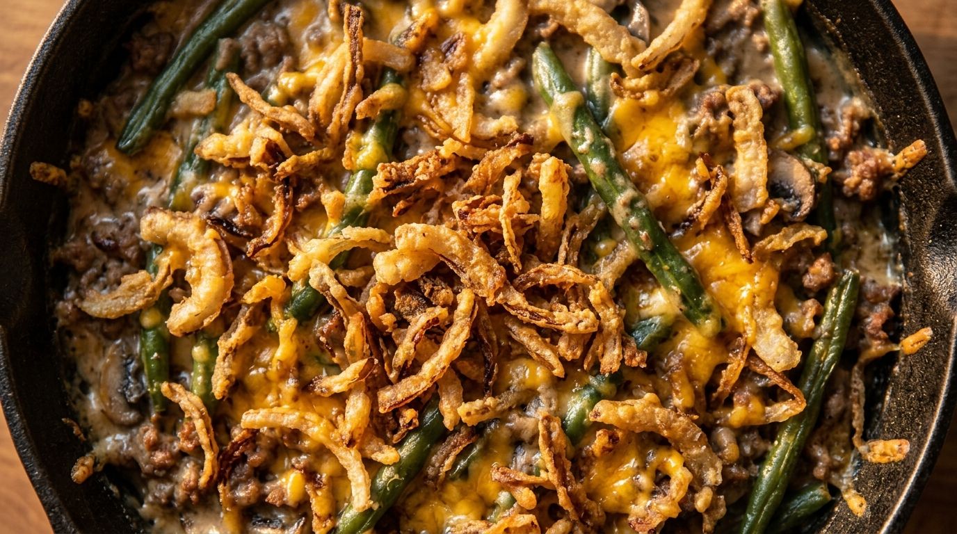 Hamburger green bean casserole with crispy French fried onions and melted cheddar in a cast iron skillet on a dark surface.