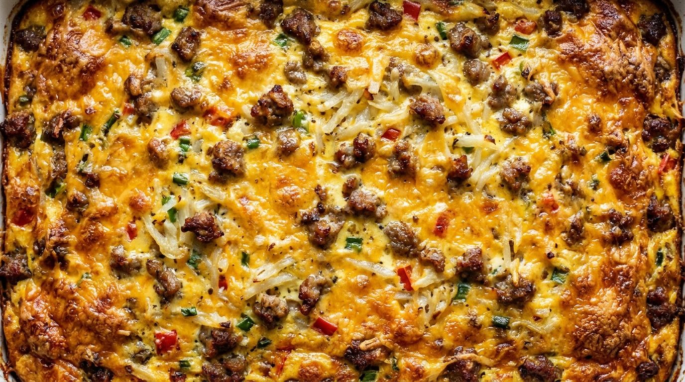 Hashbrown breakfast casserole in a white baking dish with golden bubbling cheddar cheese topping and sausage visible underneath.