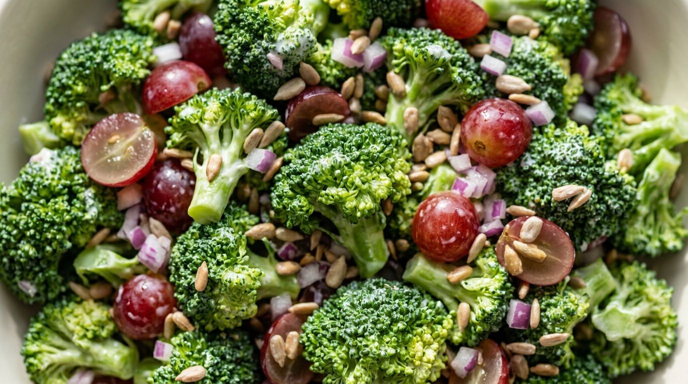 Healthy broccoli salad with grapes, red onion, and sunflower seeds coated in Greek yogurt honey dressing in a chipped white bowl.