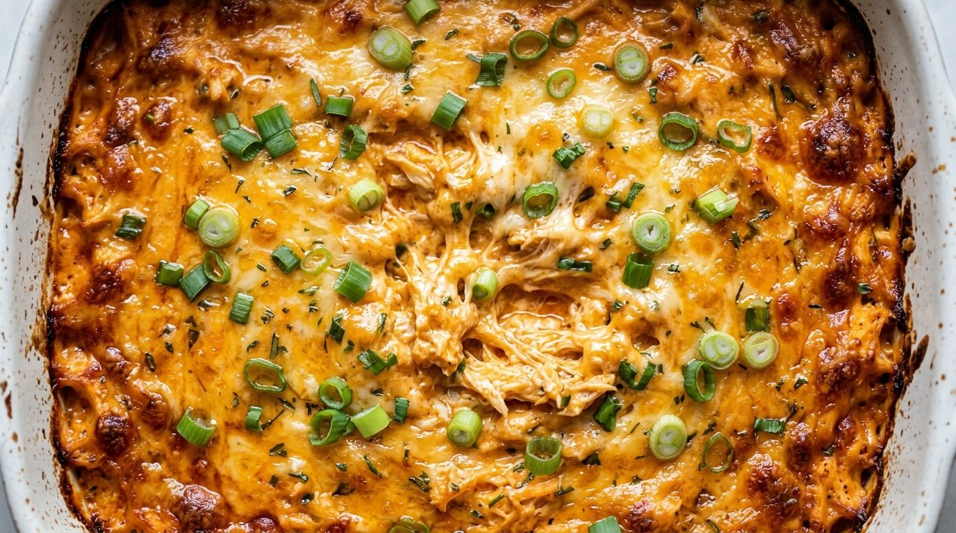 Healthy buffalo chicken dip with golden melted cheddar and green onions in a white baking dish.
