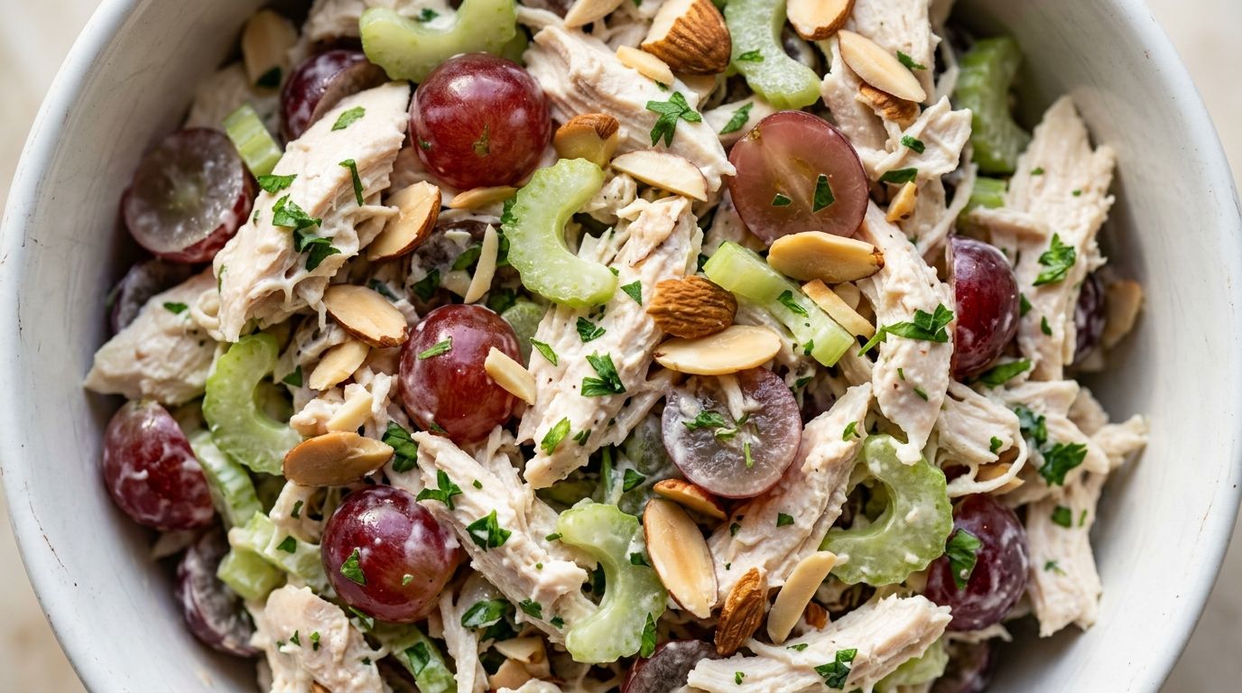 Overhead view of healthy chicken salad with red grapes, toasted almonds, and celery in a white bowl on a wood surface.