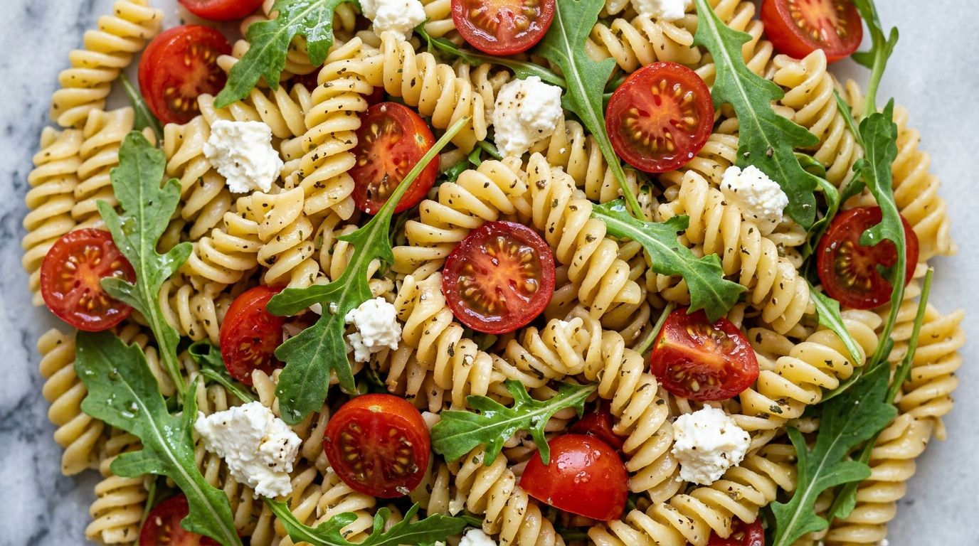 Healthy pasta salad with rotini, cherry tomatoes, cucumber, feta, and arugula in a white bowl on a marble surface.