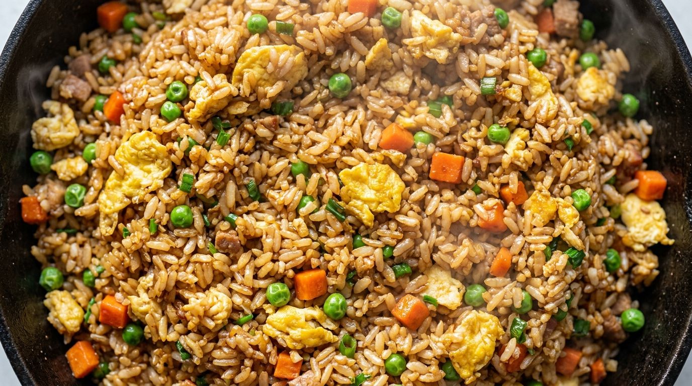 Hibachi fried rice with scrambled egg, peas, carrots and onion in a cast-iron skillet on a dark oak surface.