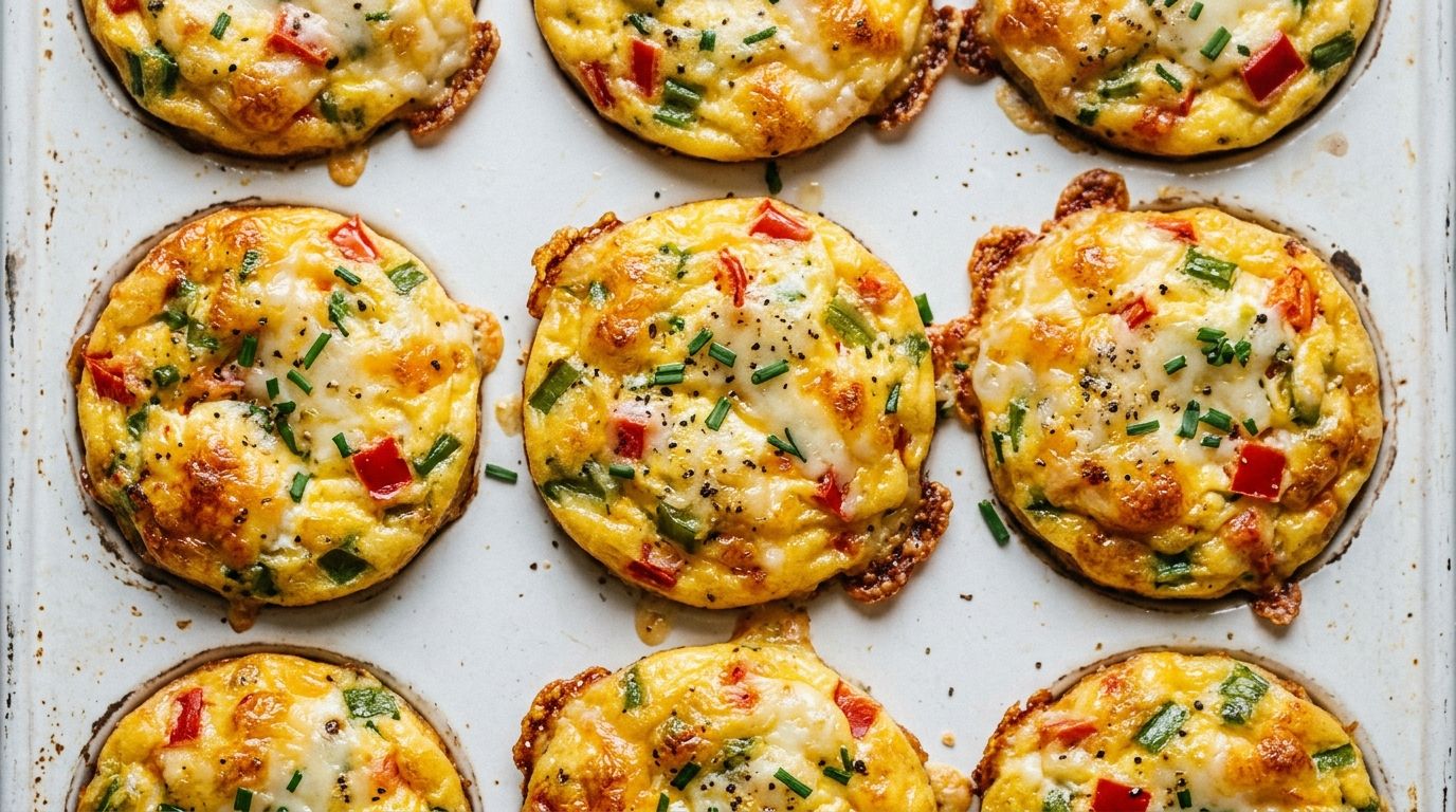 Golden baked cottage cheese egg bites with bell pepper and mozzarella in a white ceramic muffin tin on a dark oak surface.