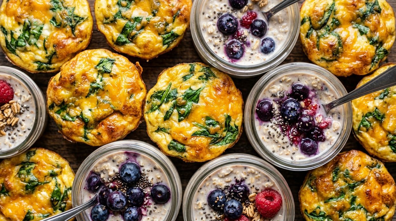 Cottage cheese egg bites and overnight oat jars in rows on a dark wood surface, a full week of meal prepped breakfasts.
