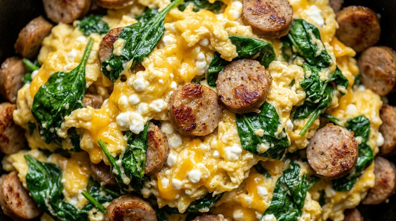 High protein breakfast skillet with scrambled eggs, cottage cheese, turkey sausage, spinach, and melted cheddar cheese.