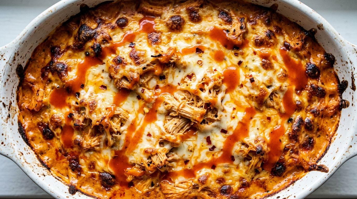 Bubbling high protein buffalo chicken dip in a white baking dish with golden mozzarella and orange buffalo sauce streaks.
