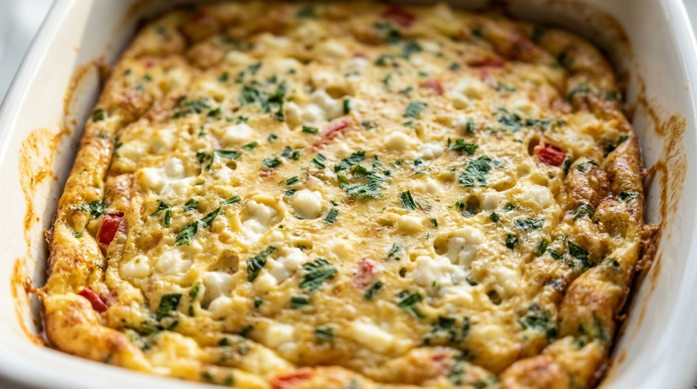 Cottage cheese egg bake with herbs in a white ceramic dish on a dark wood surface.