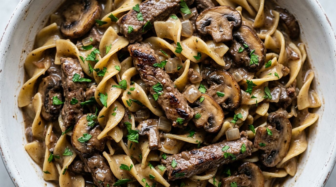 Homemade beef stroganoff with sirloin strips and mushrooms in creamy sour cream sauce over egg noodles in a white bowl.