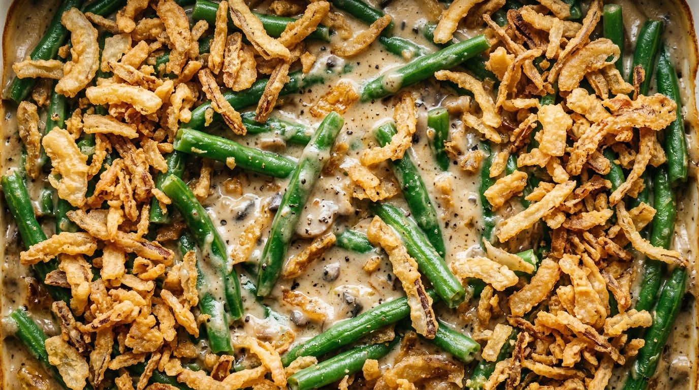 Homemade green bean casserole in a baking dish with golden crispy fried onion topping and creamy mushroom sauce.