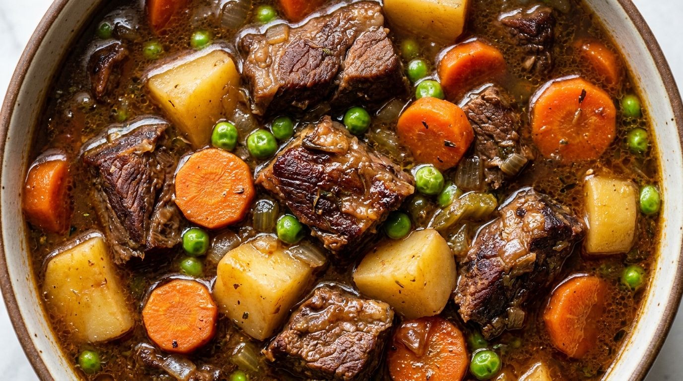 A bowl of instant pot beef stew with tender beef chunks, carrots, potatoes, and peas in a dark mahogany broth on a wood surface.