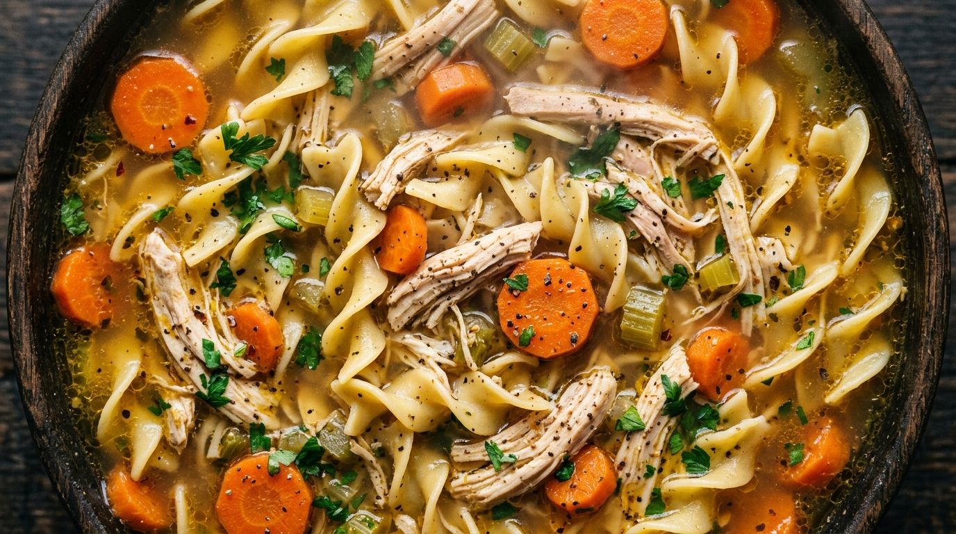 Instant pot chicken noodle soup in a white bowl with egg noodles, shredded chicken, and fresh parsley.